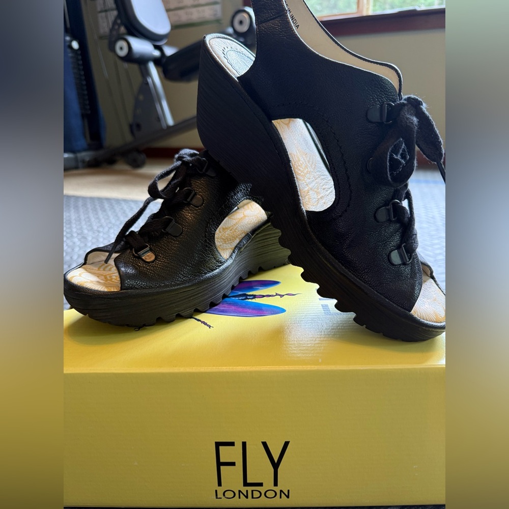 Fly London Black Lace-Up 3 Inch Wedge Sandals